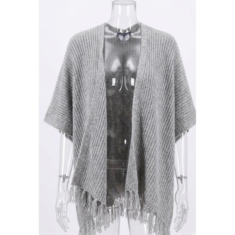 American Eagle Gray Ribbed Knit Open Front Cardigan Tassel Fringe Wrap OS‎